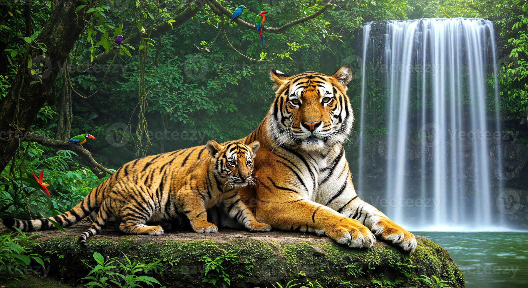 A tiger and her cub sitting on a rock near a waterfall photo
