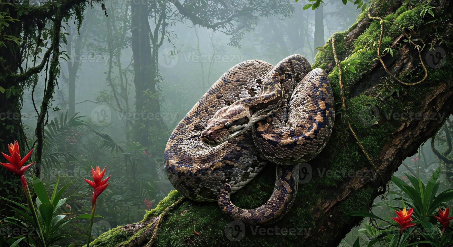 A large snake sitting on a tree branch in the jungle photo