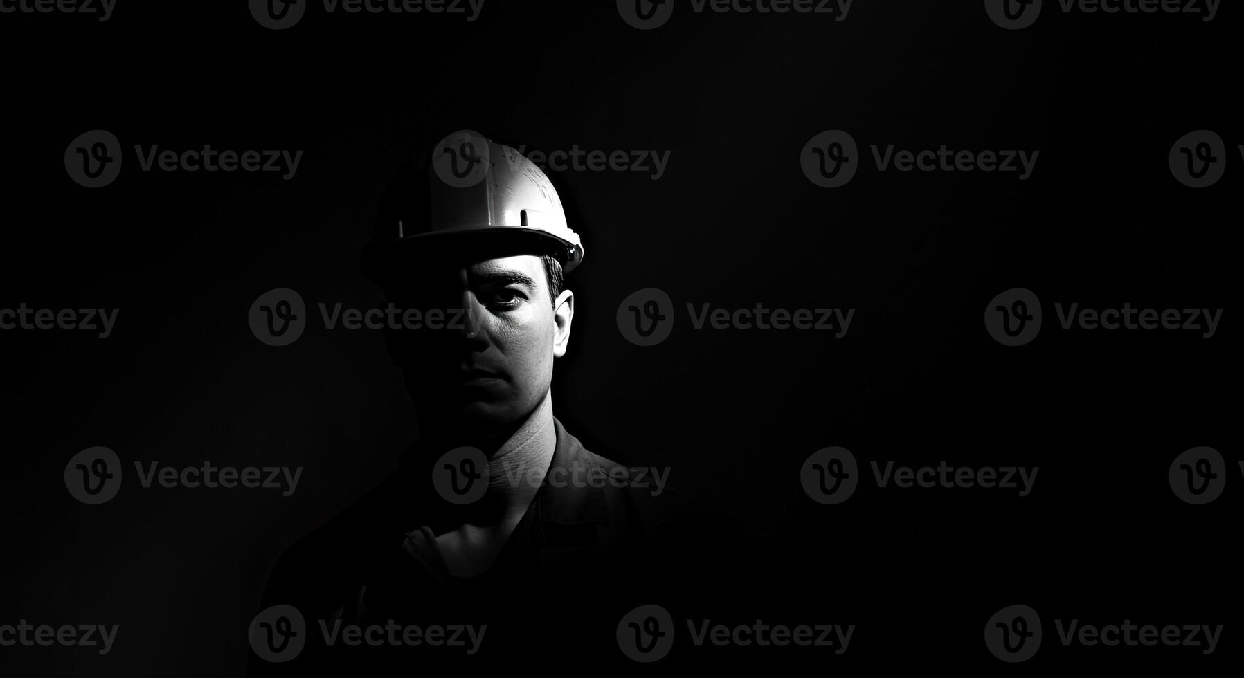A man in a hard hat is silhouetted against a dark background photo