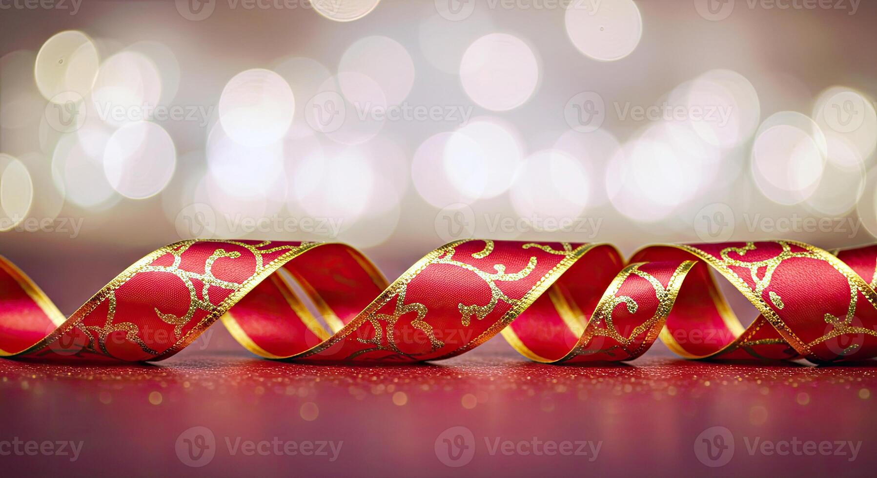 Red and gold ribbon on a table with a blurry background photo
