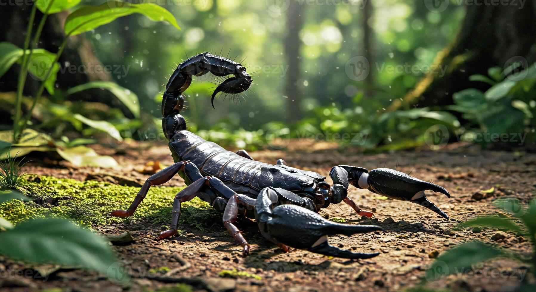A scorpion is walking on the ground in the forest photo