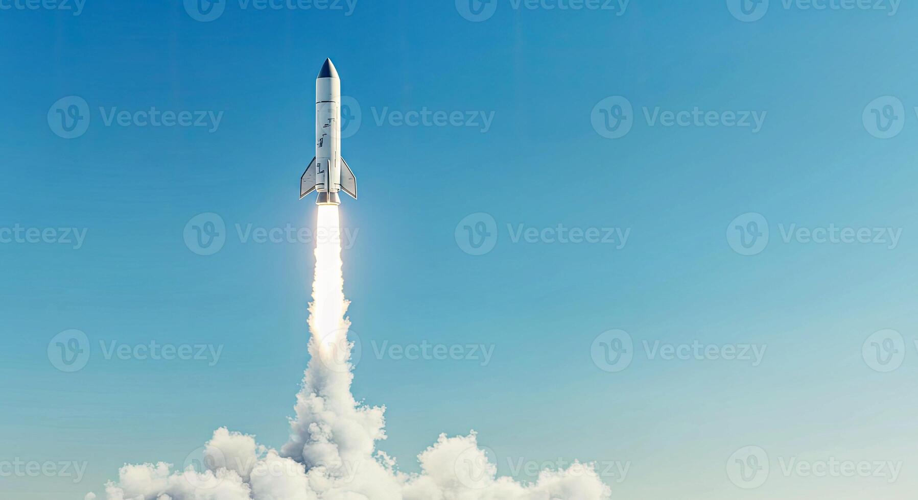 A rocket is taking off into the sky photo