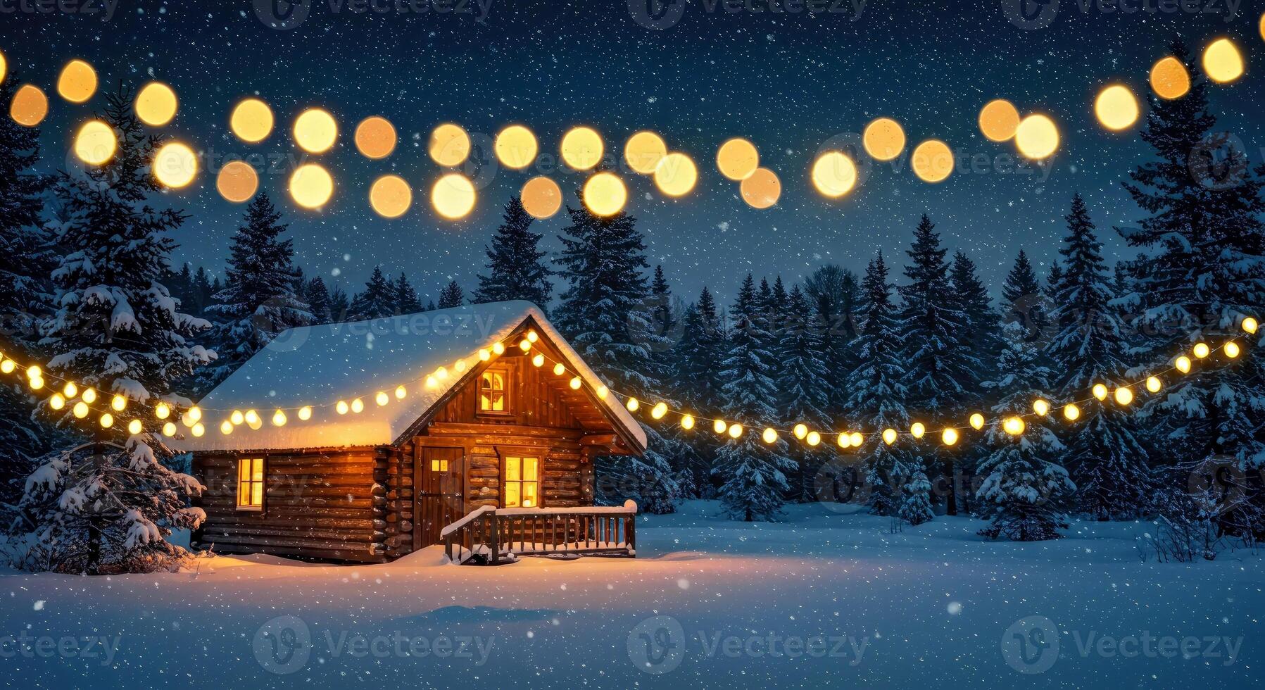 A cabin in the snow with lights strung across the trees photo
