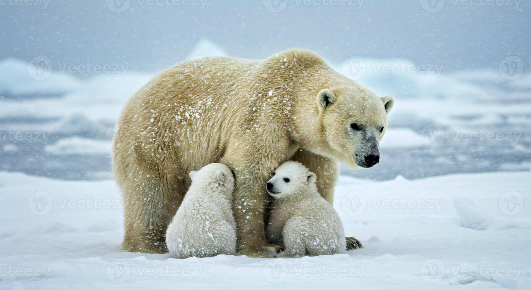 A polar bear with two cubs photo