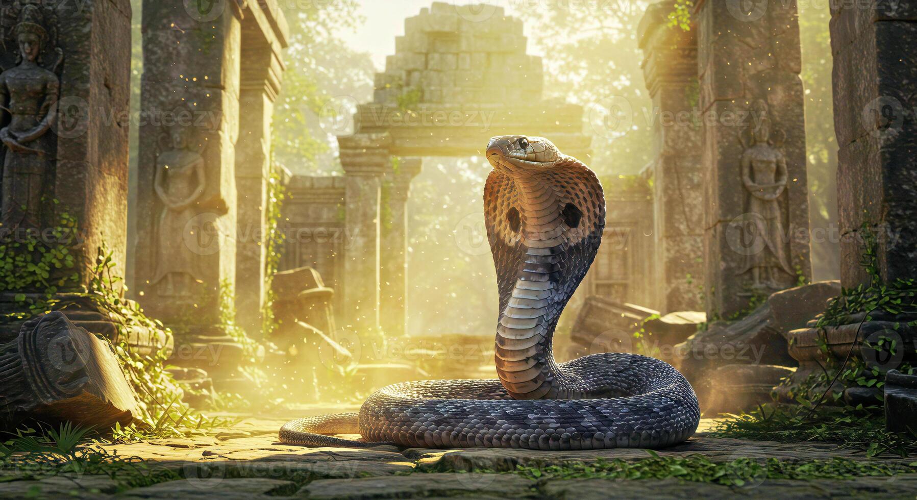 A cobra is sitting on the ground in an ancient temple photo