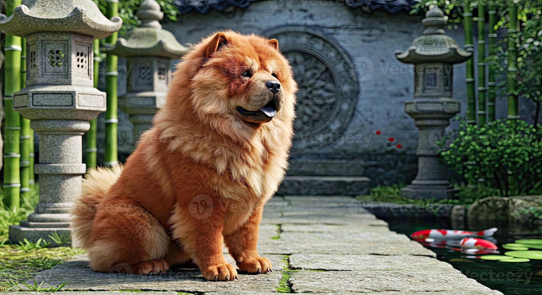A chow chow dog sitting on a stone path near a pound photo