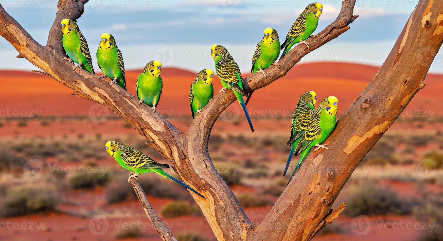 A group of birds sitting on a tree branch photo