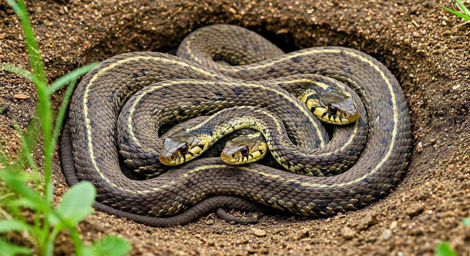 A snake is curled up in a hole photo
