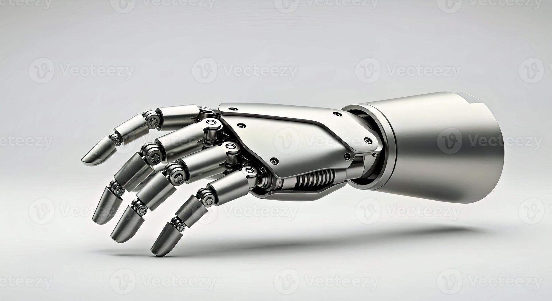 A robotic hand with a metal arm on a white background photo