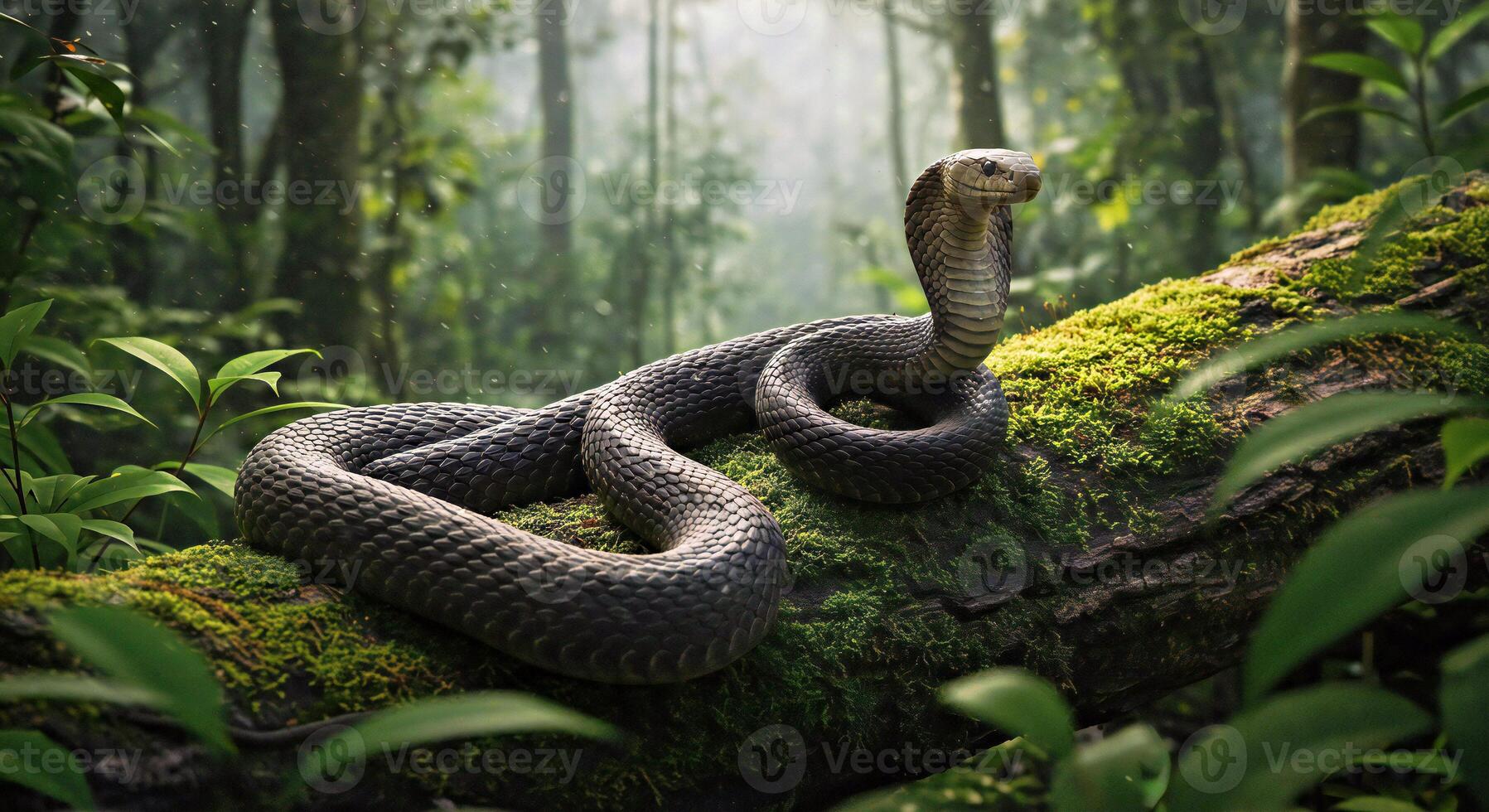 A cobra is sitting on a tree branch in the jungle photo