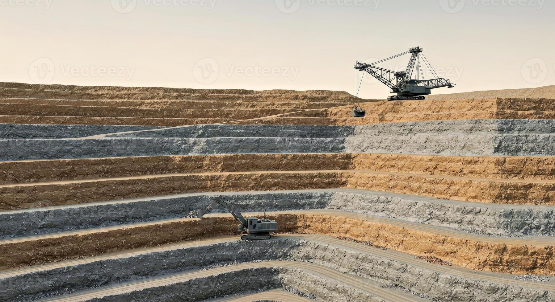 A large open pit with a crane and a truck photo
