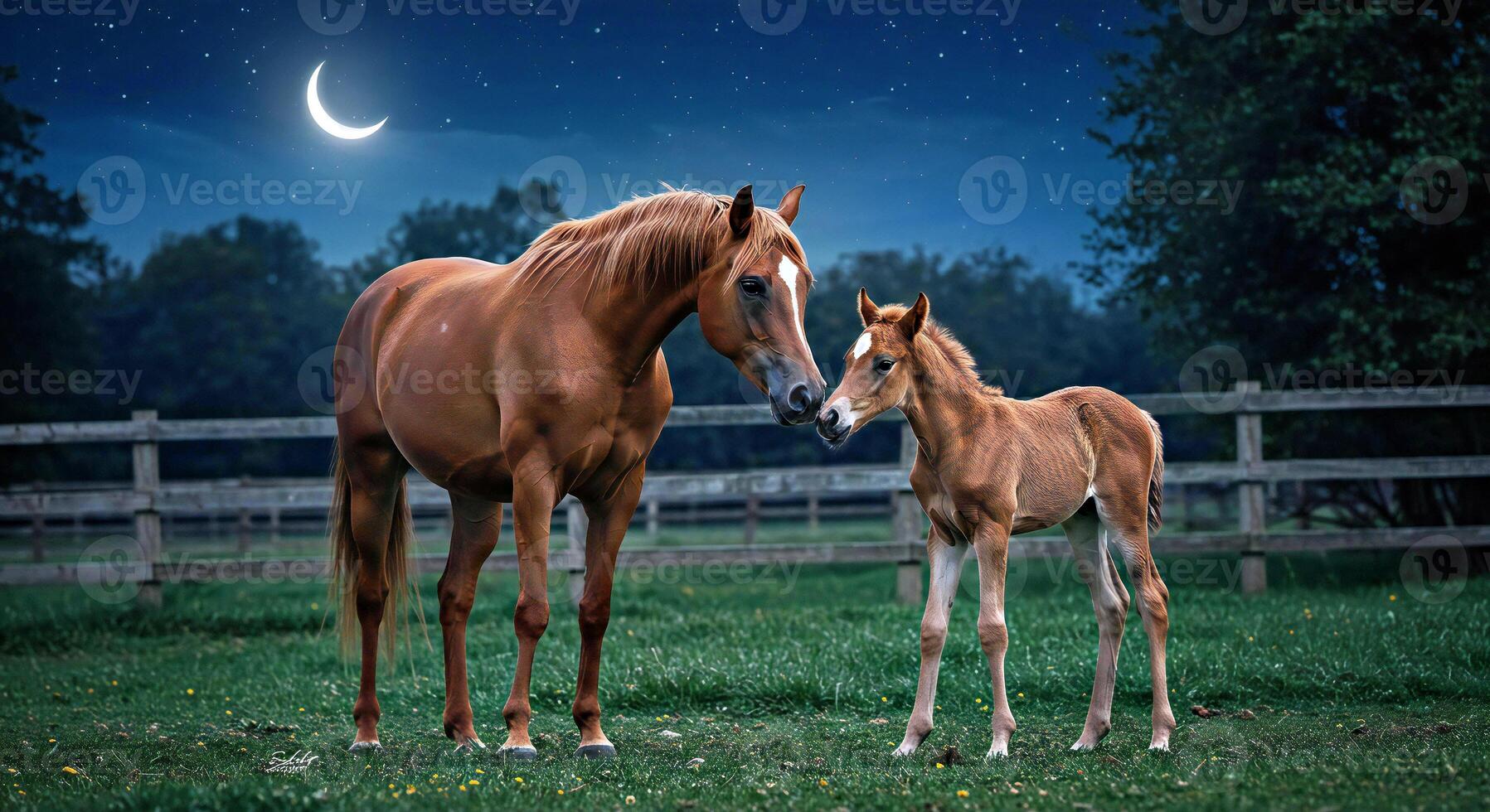 A horse and its foal standing in a field photo