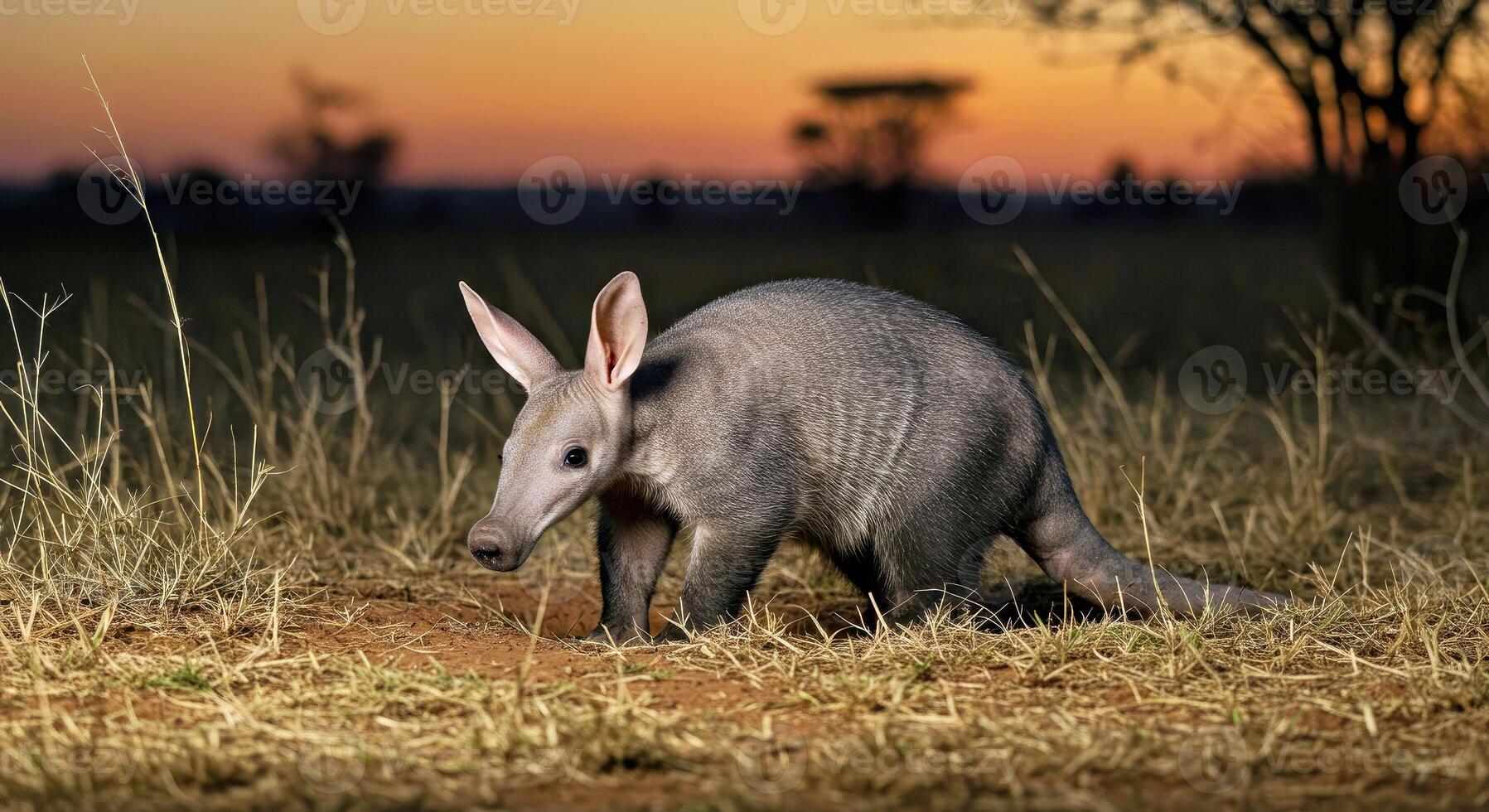 An armadillo is walking in the grass at sunset photo