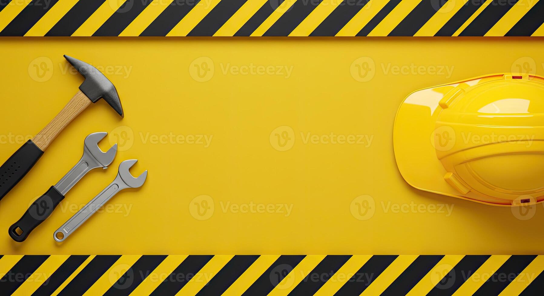 A yellow hard hat, hammer and wrenches on a yellow background photo