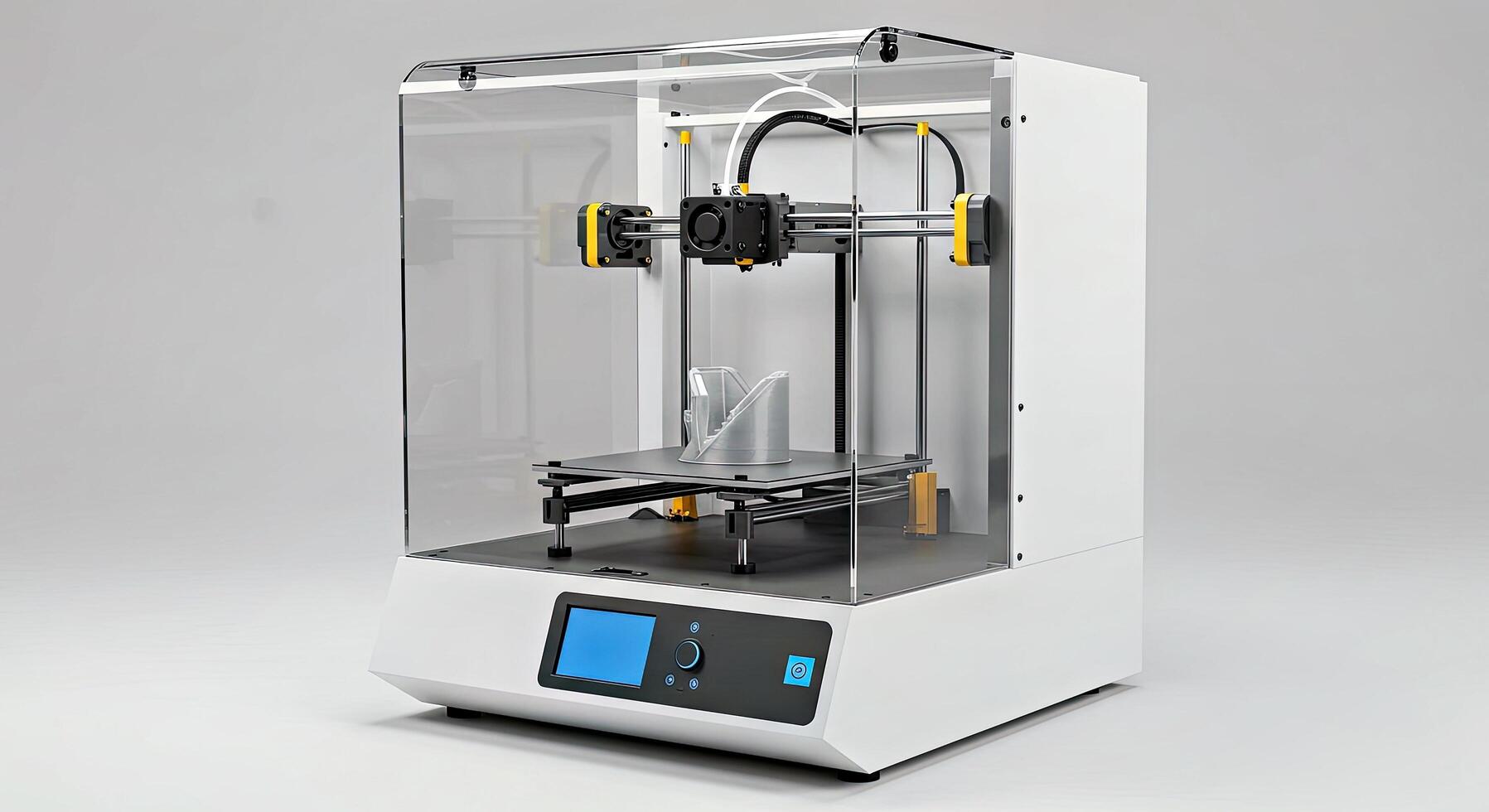 A 3d printer with a glass enclosure and a screen photo