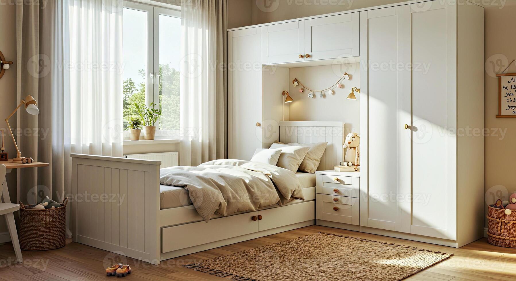 A bedroom with a bed, a dresser and a window photo