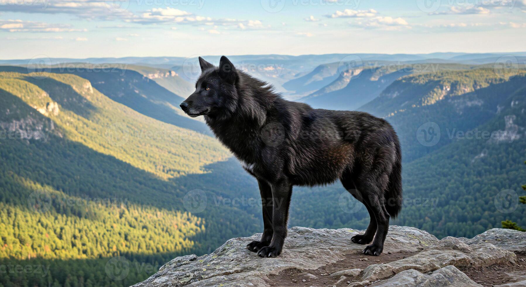 A black wolf standing on a rock overlooking a valley photo