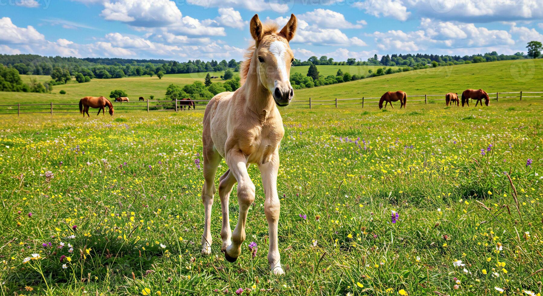 A horse running in a field with other horses photo