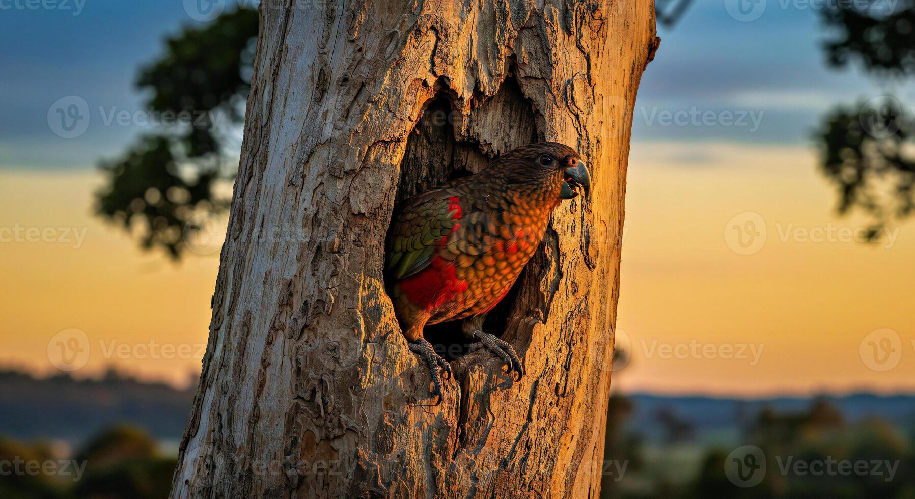 A bird is sitting in a tree photo