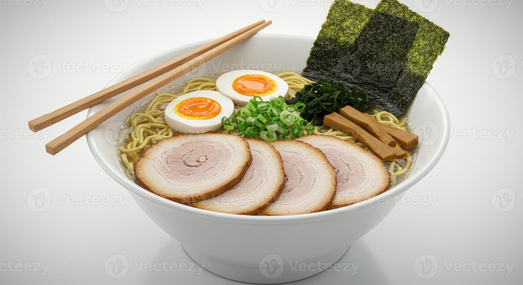 A bowl of ramen with meat, eggs and vegetables photo