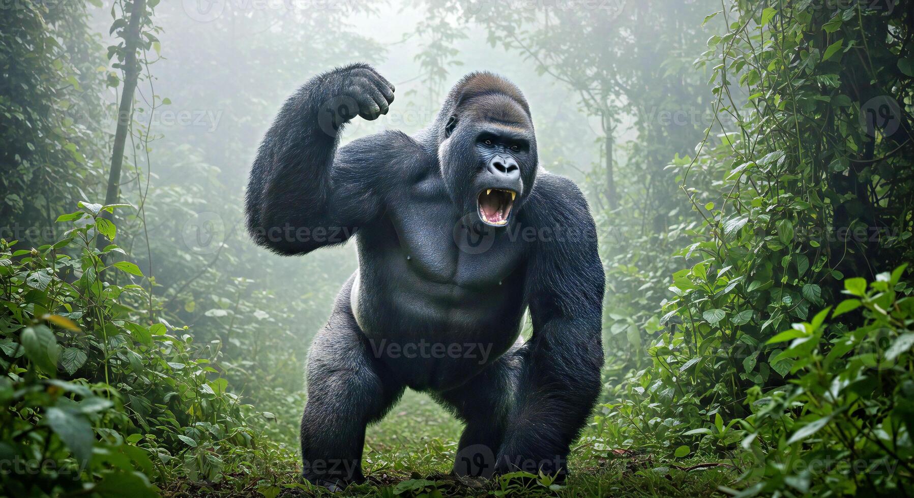 A gorilla is standing in the middle of a forest photo