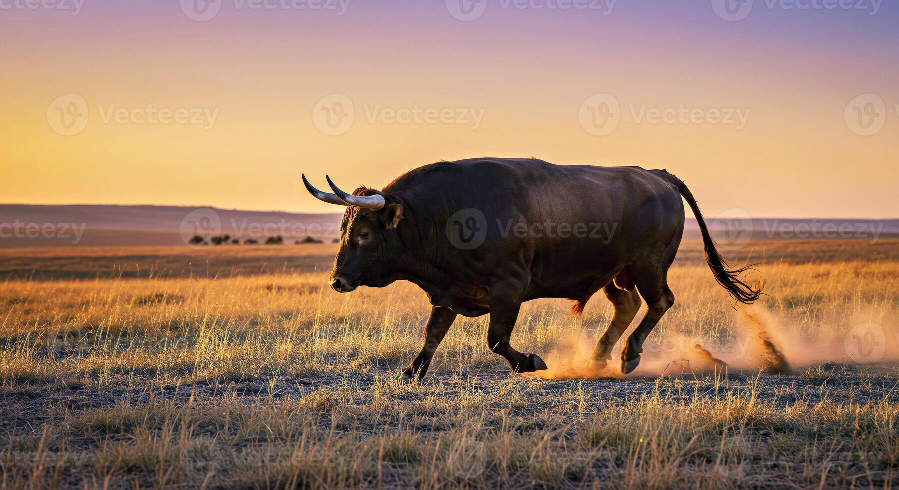 A bull running across a field photo
