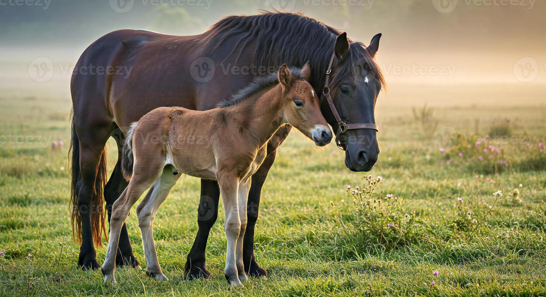 A horse and a foal standing in a field photo