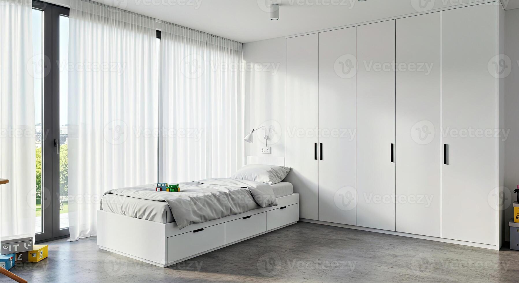 A bedroom with a bed, a desk and a window photo