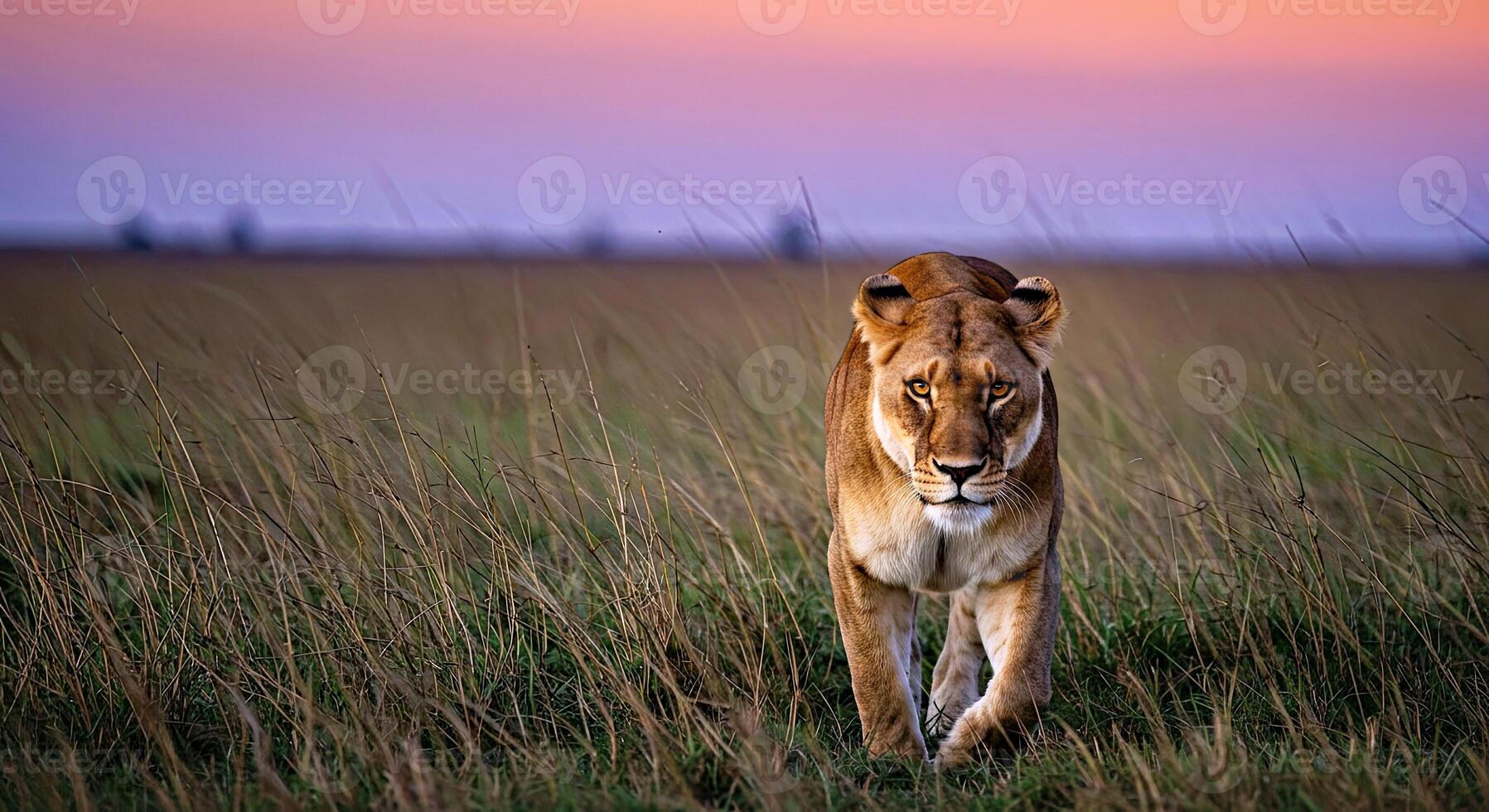 A lion walking through tall grass at sunset photo