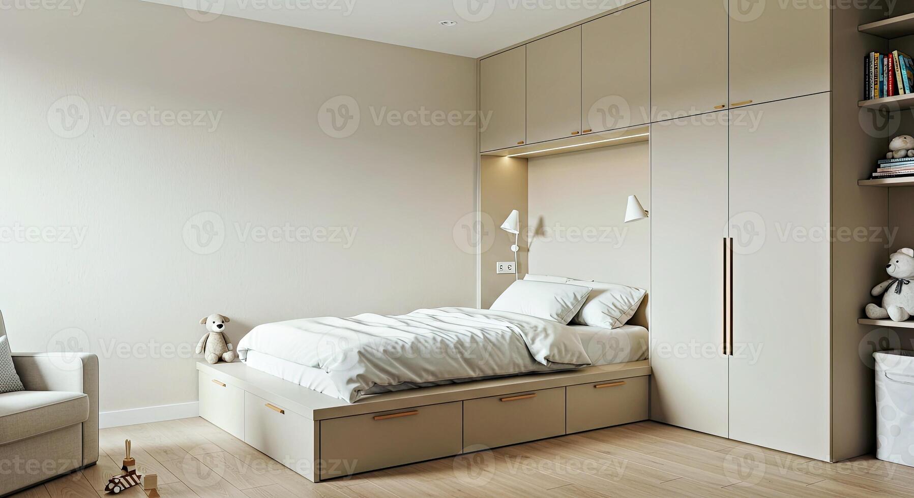 A bedroom with a bed, a bookcase and a wardrobe photo