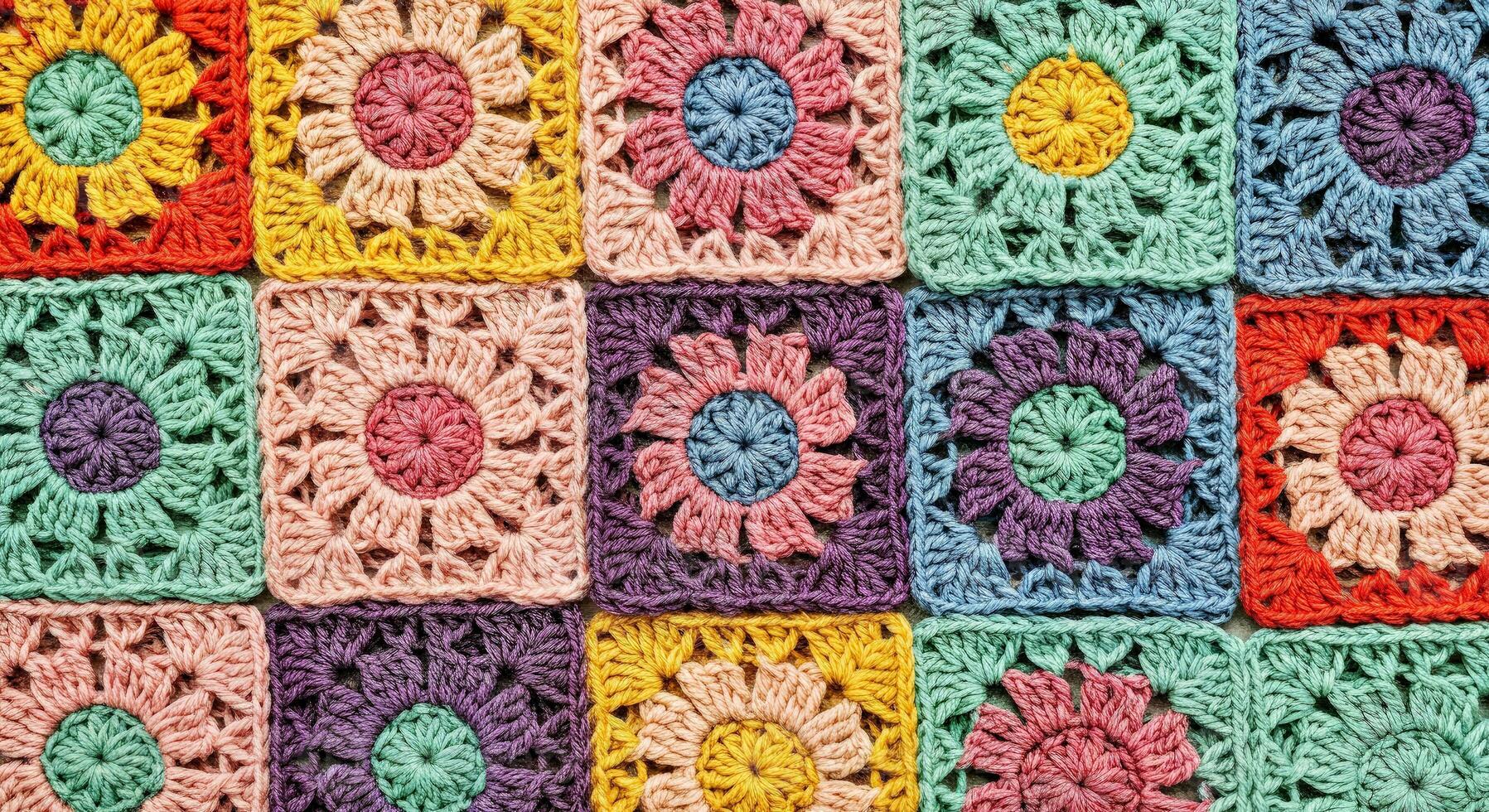 A colorful crocheted blanket with many different colors photo