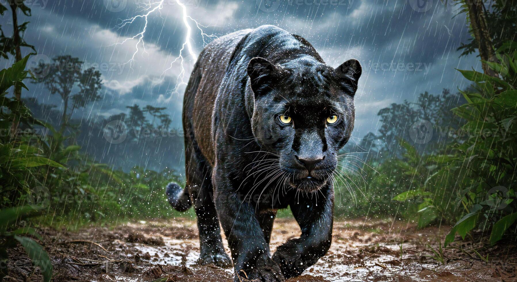 Black panther walking in the rain with lightning photo