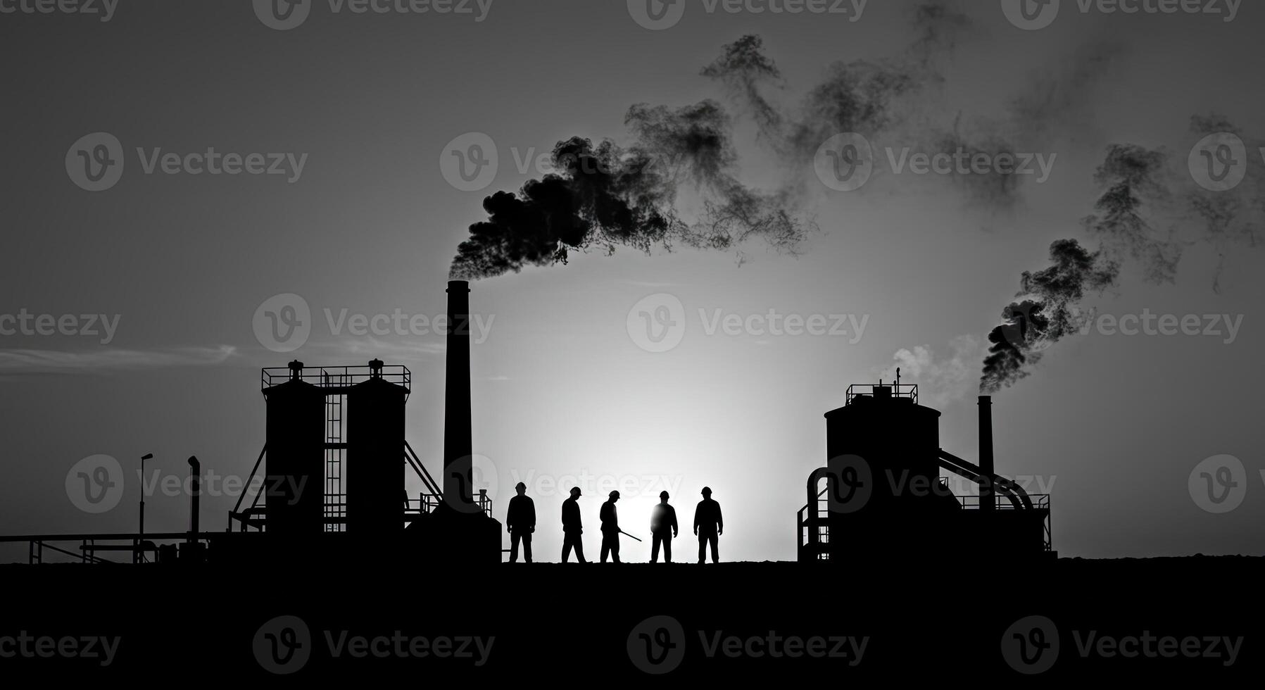 Silhouette of people standing in front of smoke stacks photo