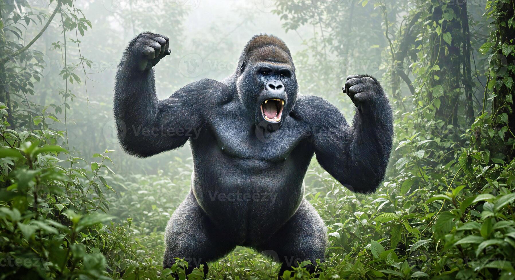 A gorilla is standing in the middle of the forest photo
