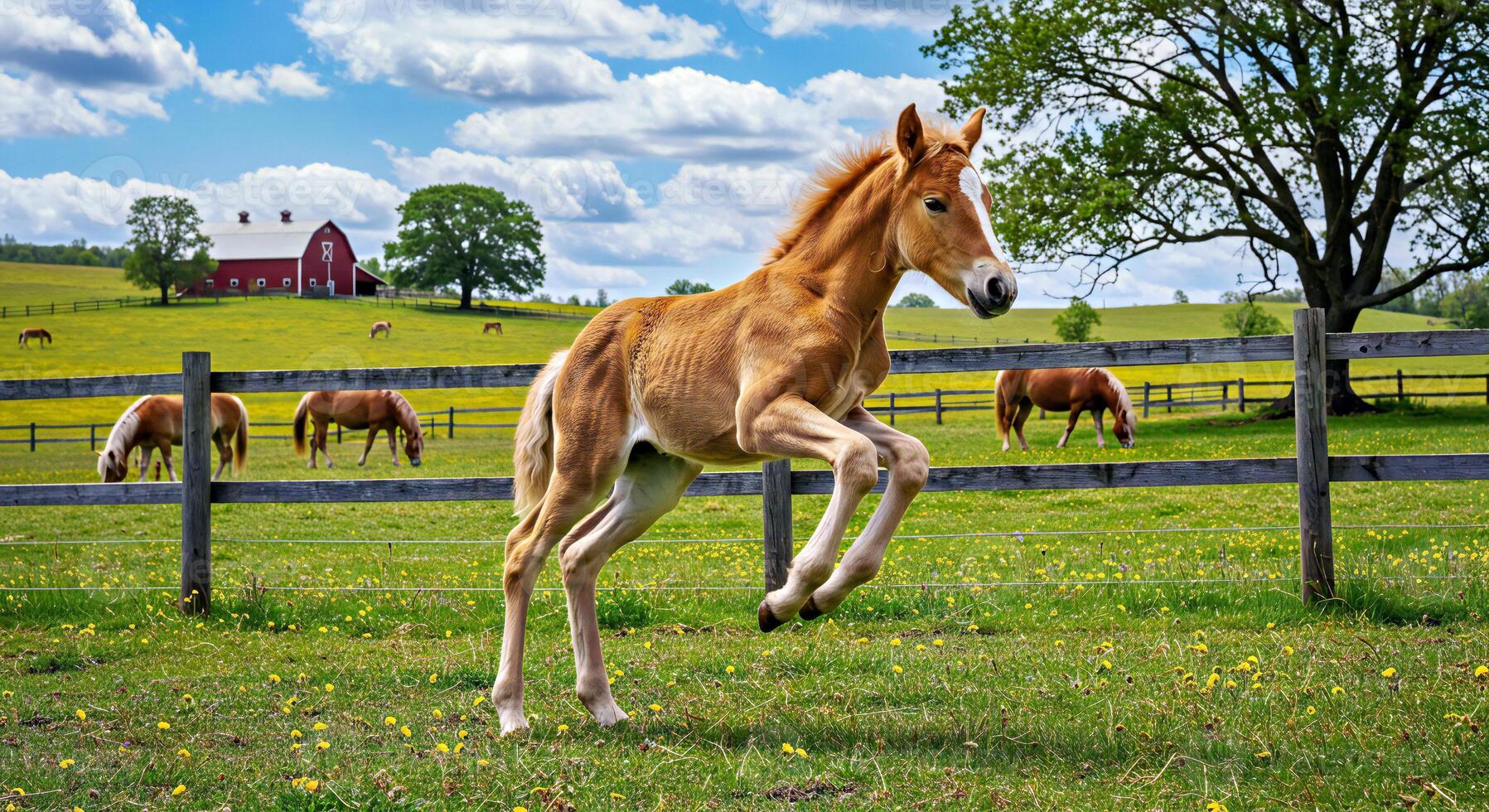 A horse is jumping in a field with a fence photo