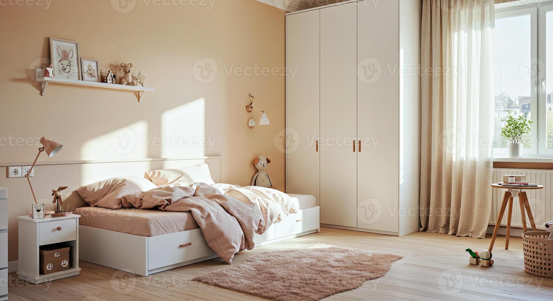 A bedroom with a bed, a dresser and a window photo