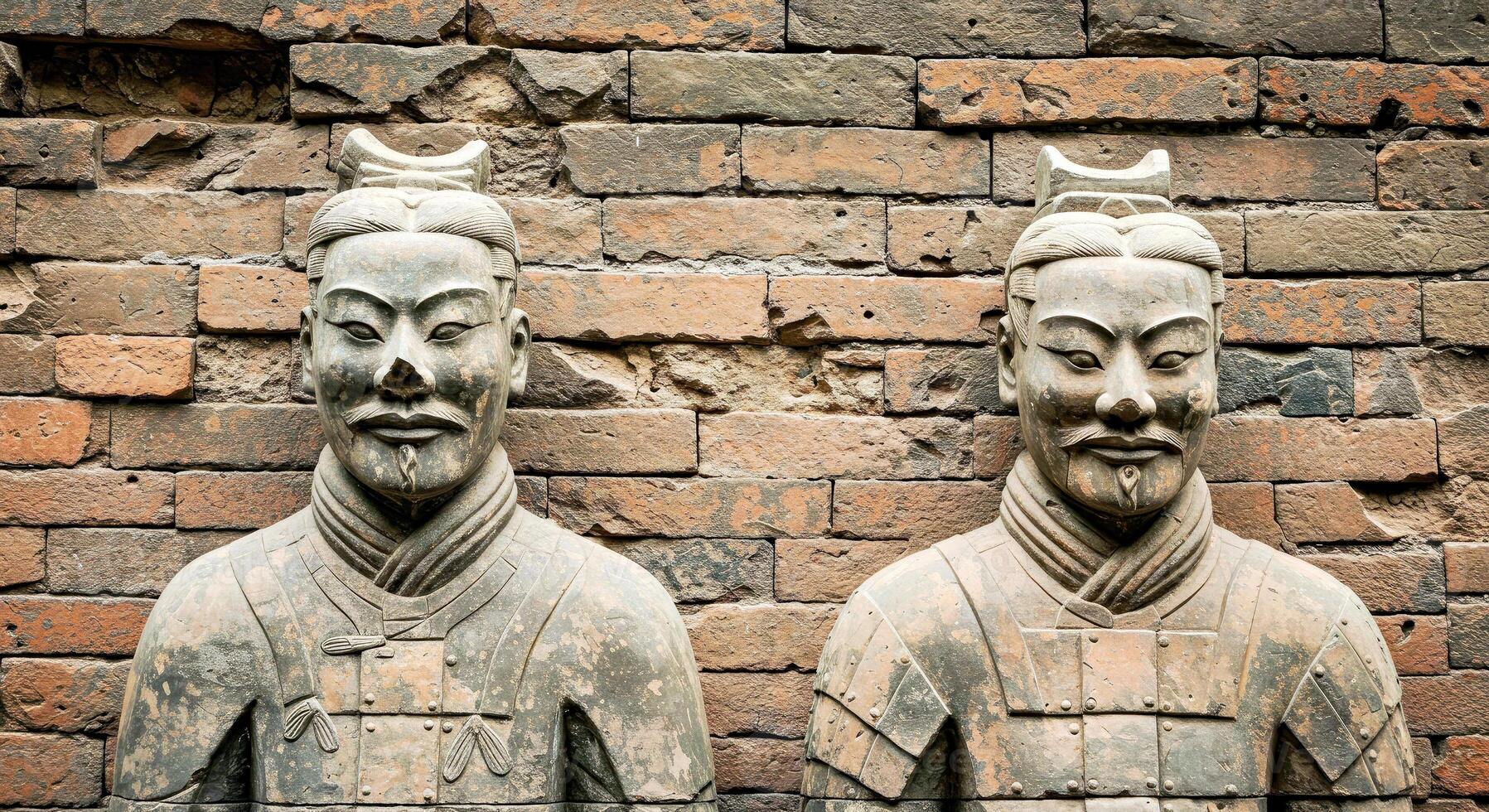 Two statues of asian men standing next to a brick wall photo