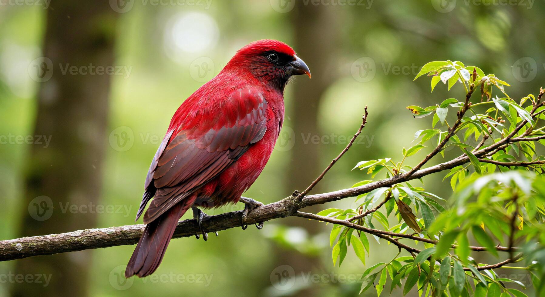 A red bird sitting on a tree branch photo