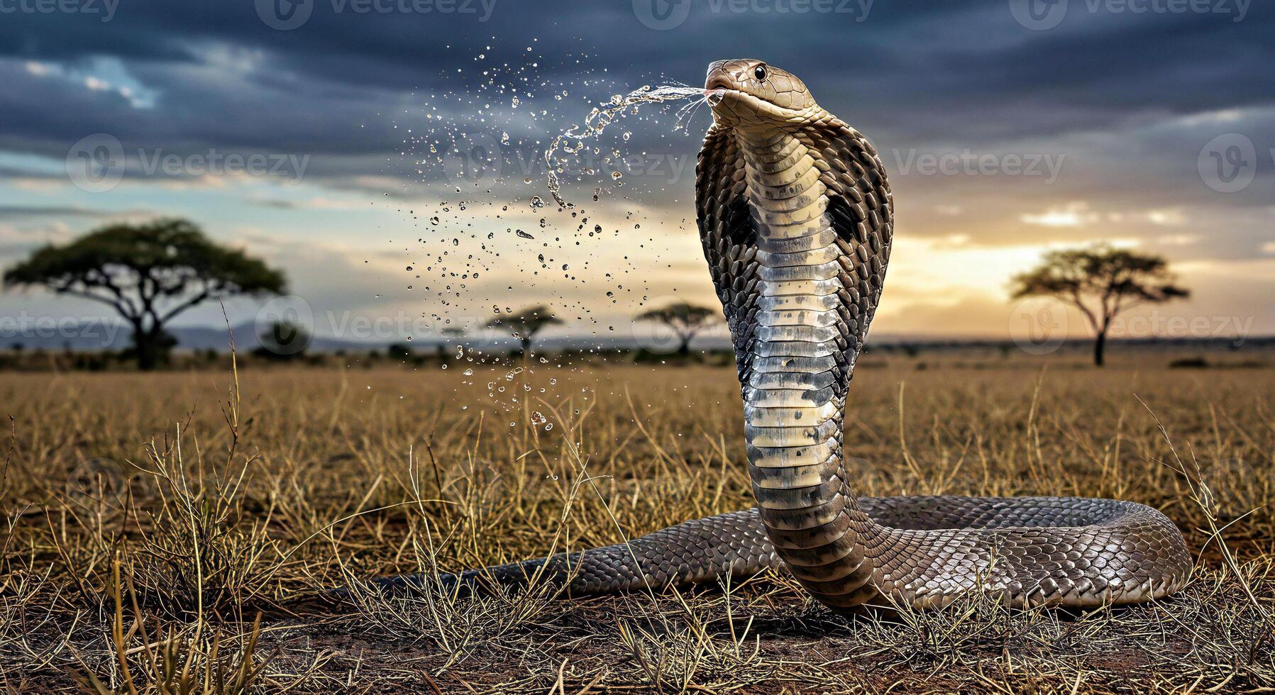 A cobra is drinking water from a stream photo