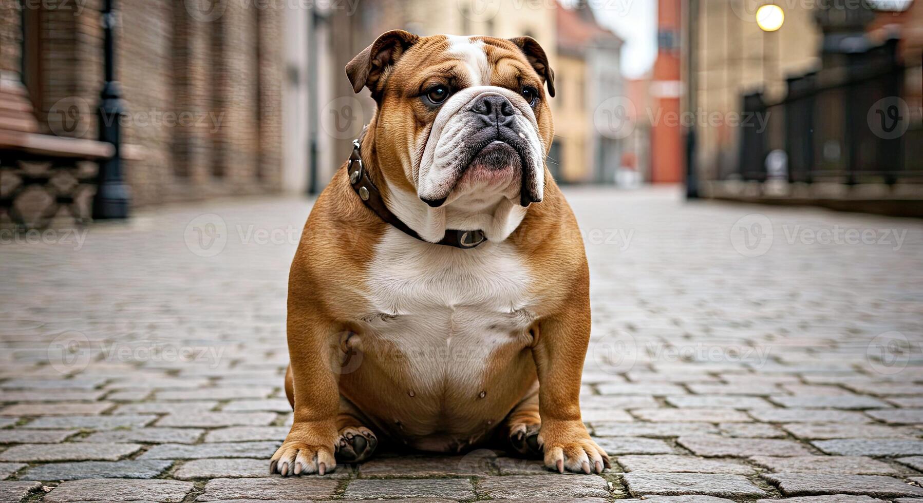 A bulldog sitting on a cobblestone street photo