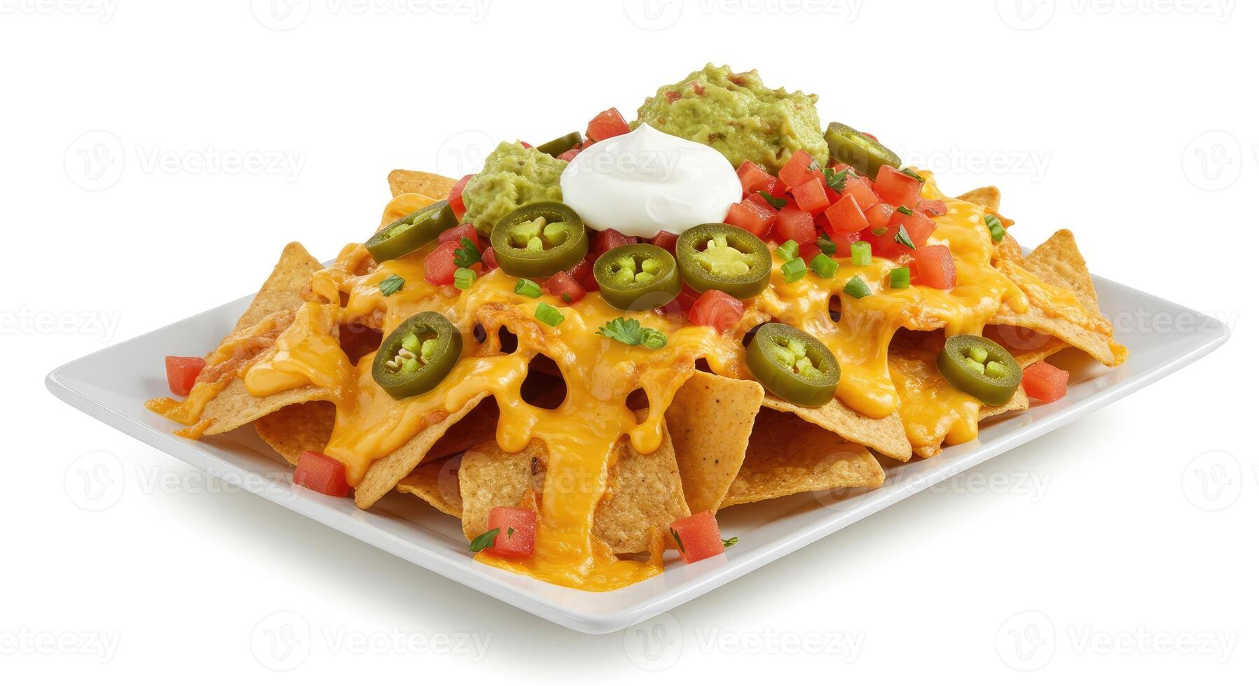 A plate of nachos with cheese, tomatoes and jalapenos photo