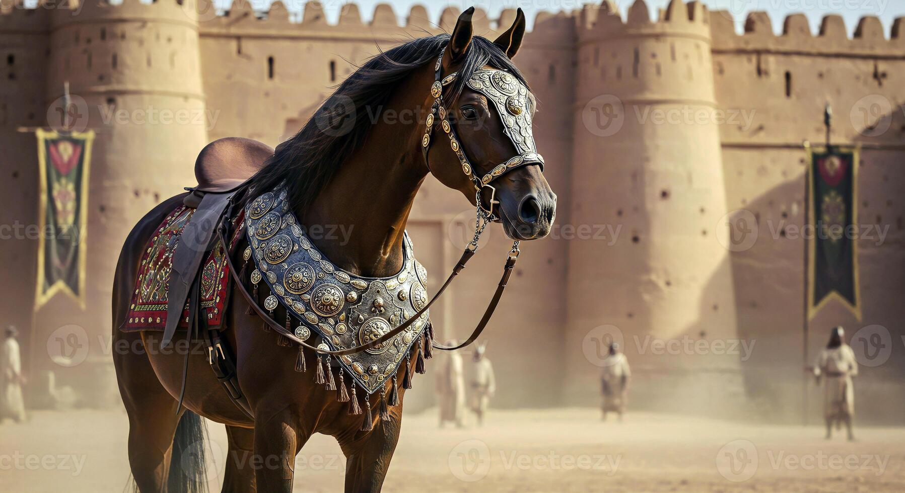 A horse with a saddle and a helmet standing in front of a castle photo