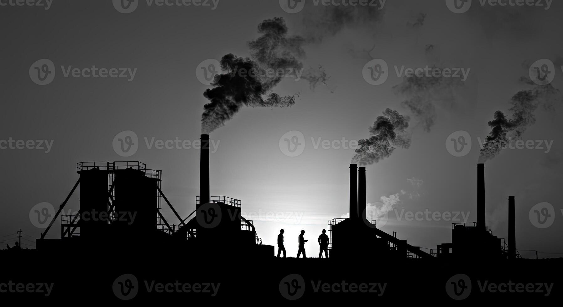 Silhouette of people standing in front of smoke stacks photo