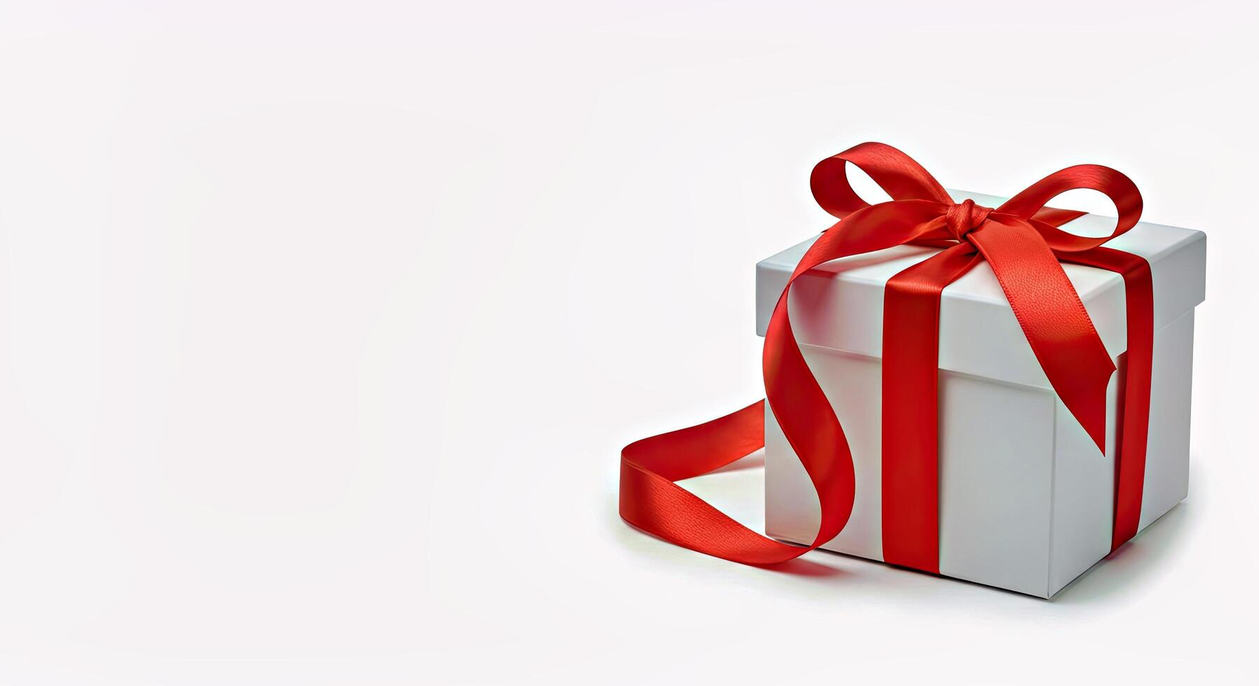 A white gift box with red ribbon tied around it photo