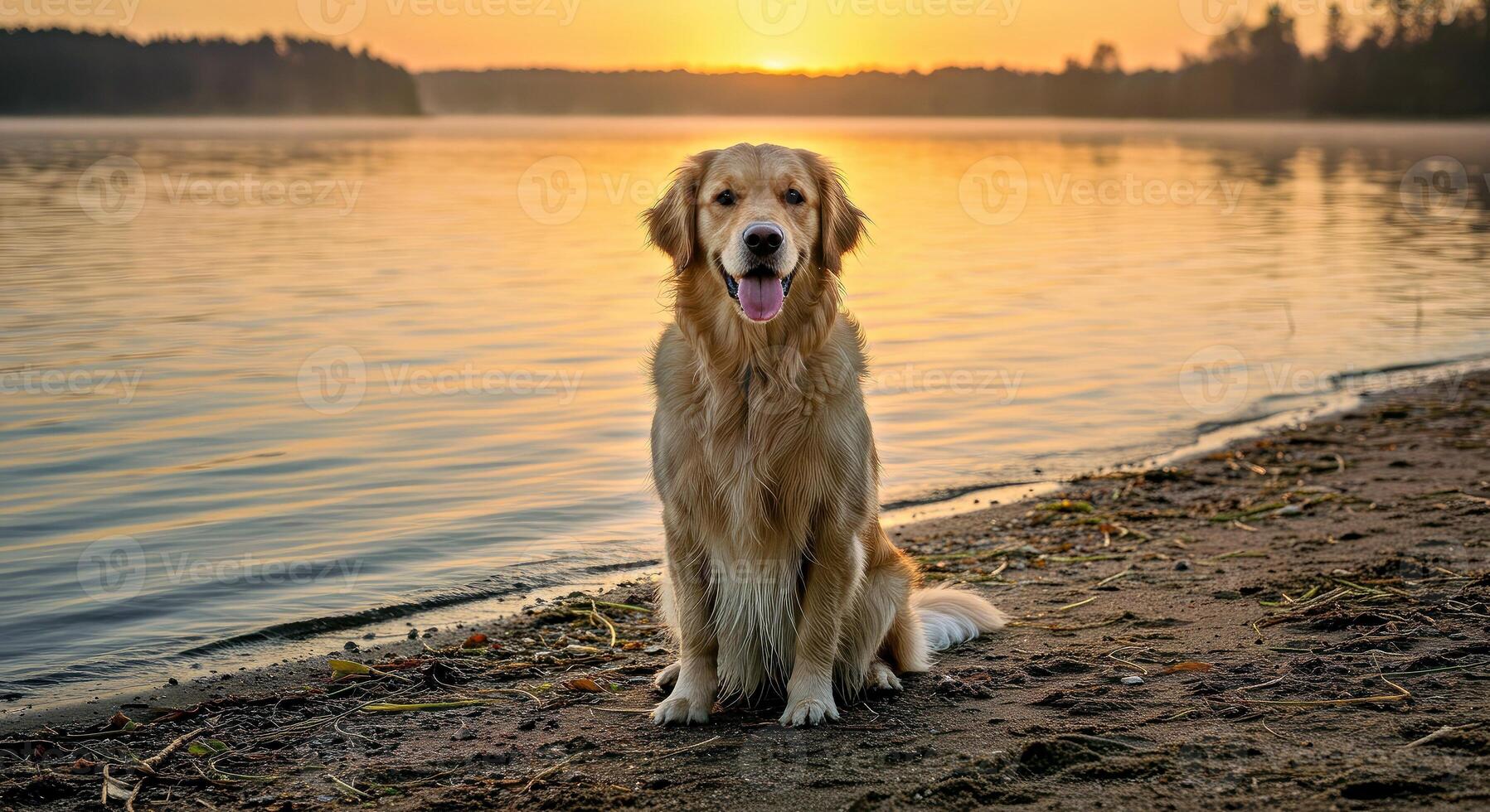 Golden retriever dog sitting on the beach at sunset photo
