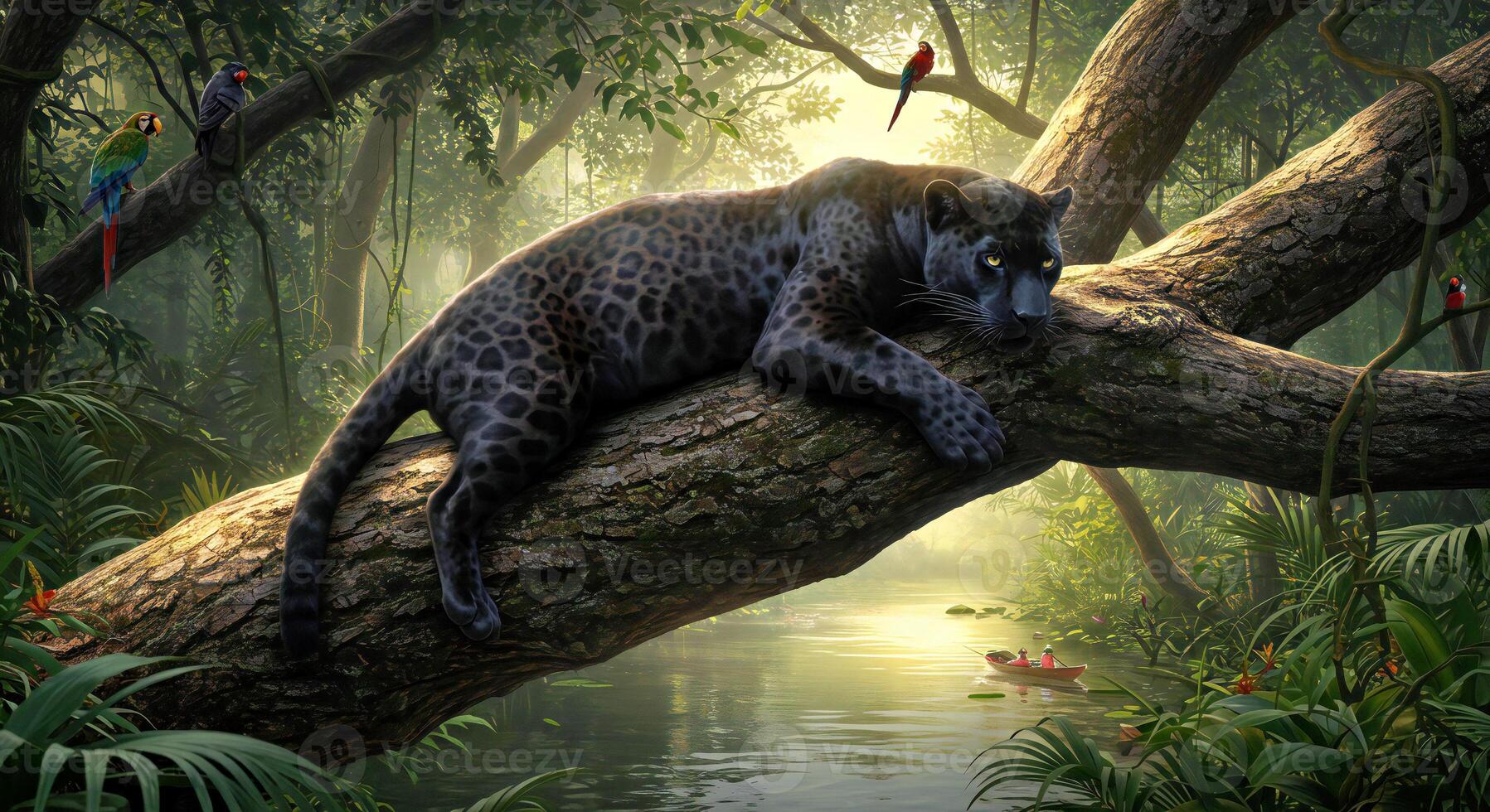 A painting of a black leopard resting on a tree branch photo