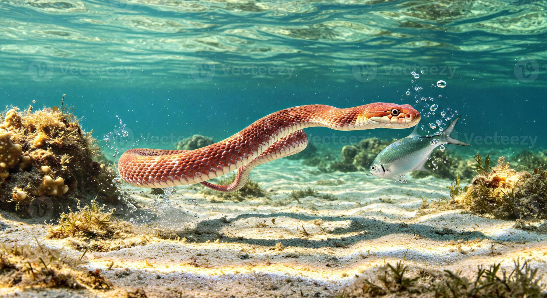 A red snake swimming in the ocean with a fish photo