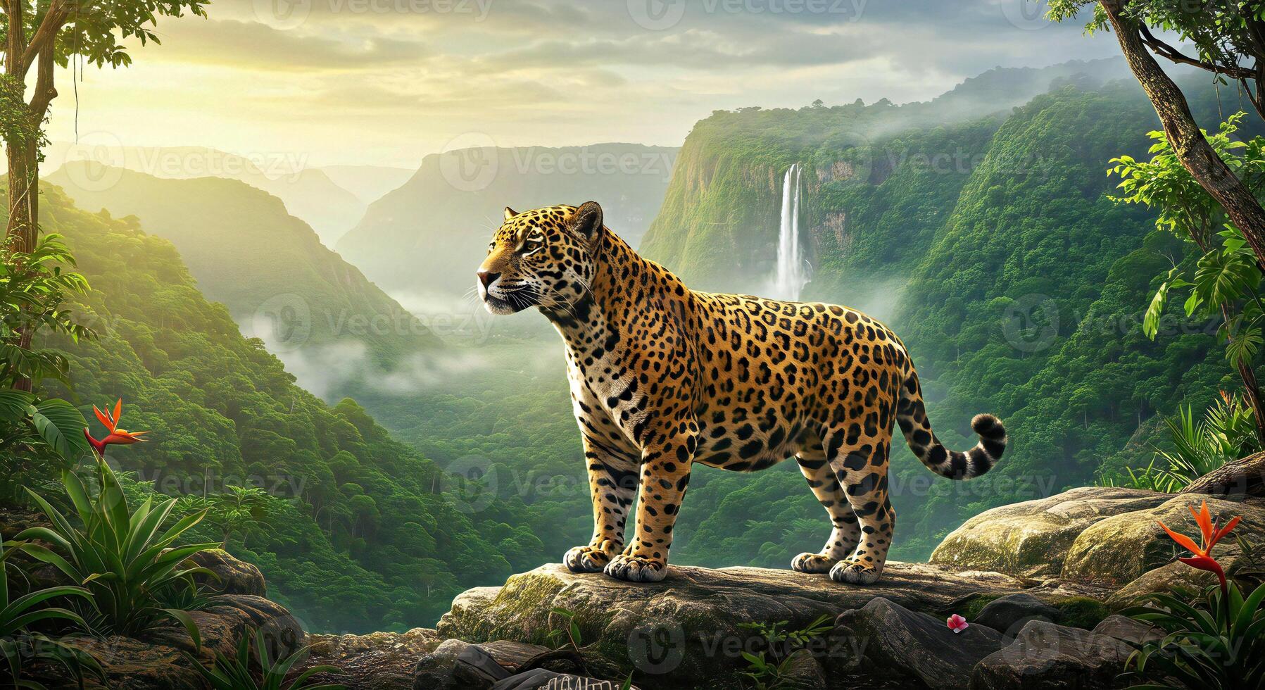 A jaguar standing on a rock in the jungle photo