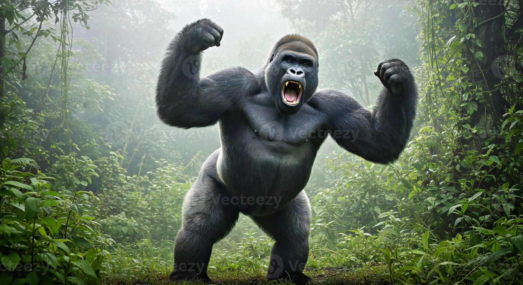 A gorilla is standing in the middle of a forest photo