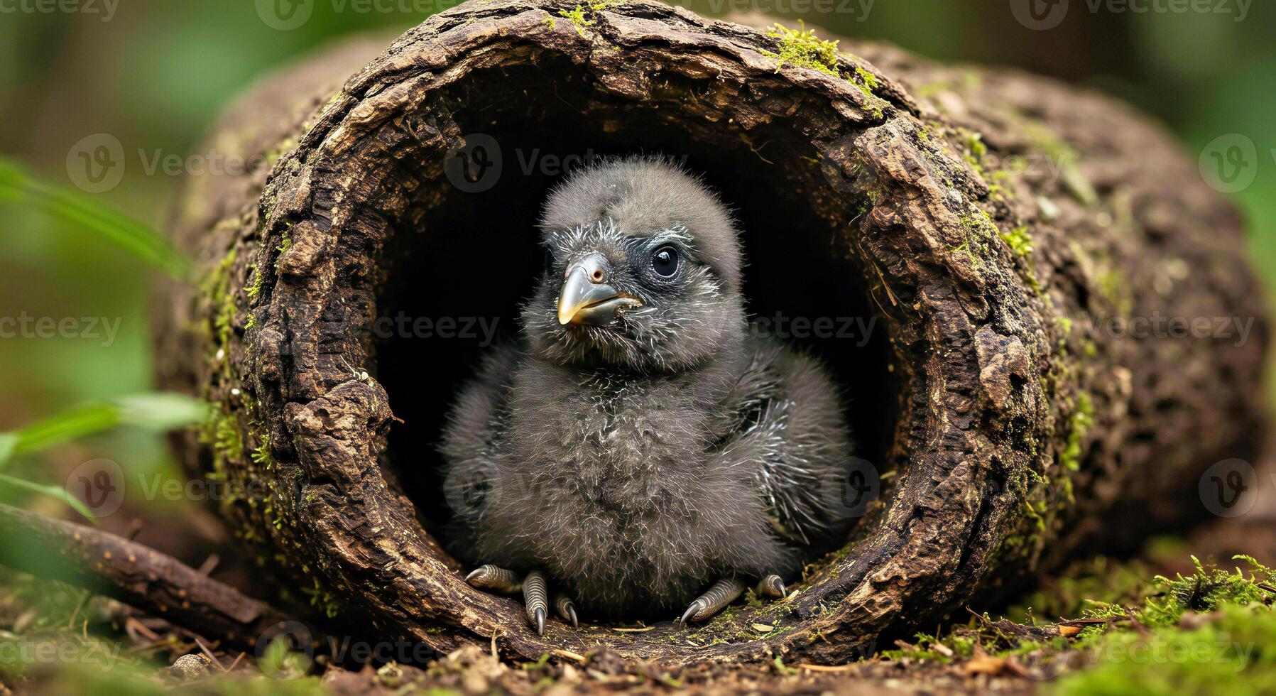 A baby bird is sitting inside a hollow log photo